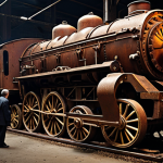**Old Hierarchies' Failure:** A complex, rusted, multi-tiered bureaucratic machine, resembling a slow-moving, old locomotive, with frustrated individuals trying to push bright, glowing ideas through its convoluted gears, symbolizing stifled innovation and burnout. Dark, stagnant atmosphere.