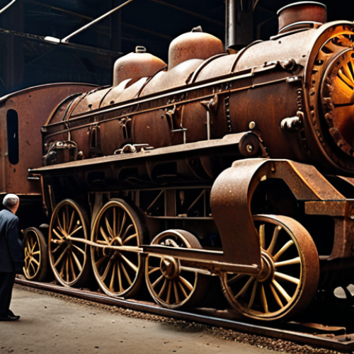 Home 13 **Old Hierarchies' Failure:** A complex, rusted, multi-tiered bureaucratic machine, resembling a slow-moving, old locomotive, with frustrated individuals trying to push bright, glowing ideas through its convoluted gears, symbolizing stifled innovation and burnout. Dark, stagnant atmosphere.