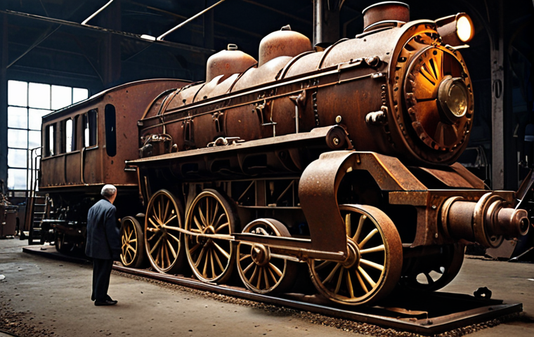 **Old Hierarchies' Failure:** A complex, rusted, multi-tiered bureaucratic machine, resembling a slow-moving, old locomotive, with frustrated individuals trying to push bright, glowing ideas through its convoluted gears, symbolizing stifled innovation and burnout. Dark, stagnant atmosphere.