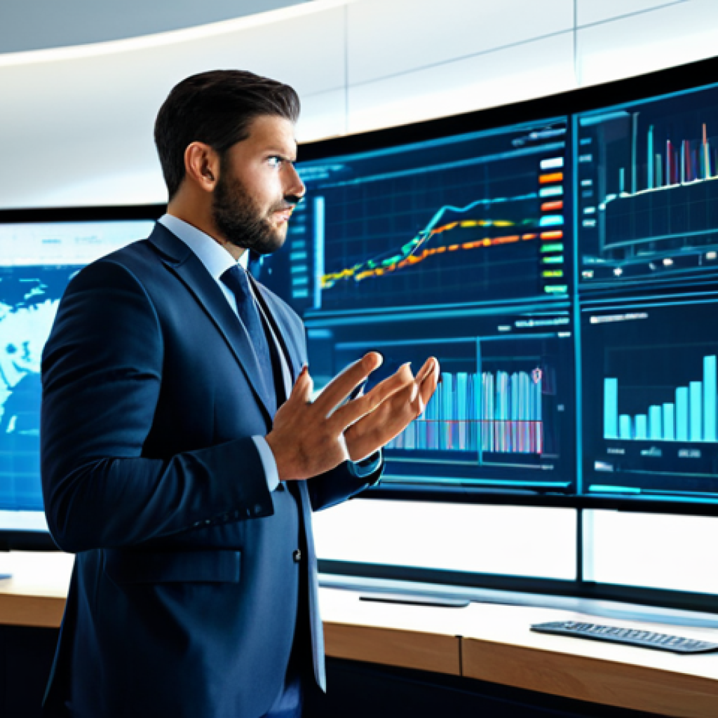 A professional male executive, impeccably dressed in a modern business suit, stands confidently amidst a dynamic, technology-infused office environment. Holographic data visualizations and interactive screens float around him, depicting complex market trends and global economic shifts. He gestures towards a glowing, futuristic data dashboard, symbolizing data-driven decision-making and predictive analytics in an era of constant change. The scene is well-lit, with a high-resolution, sharp focus. Fully clothed, modest clothing, appropriate attire, safe for work, perfect anatomy, correct proportions, natural pose, well-formed hands, proper finger count, natural body proportions, professional, appropriate content, family-friendly.