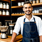 A male artisan, fully clothed in a modest, dark denim apron over a collared shirt, meticulously hand-grinding coffee beans in a warmly lit, rustic coffee shop. His expression is focused and sincere, conveying dedication to his craft. The background features blurred shelves of roasted coffee beans and a cozy atmosphere. professional dress, appropriate attire, safe for work, perfect anatomy, correct proportions, natural pose, well-formed hands, proper finger count, natural body proportions, professional photography, high quality, family-friendly.