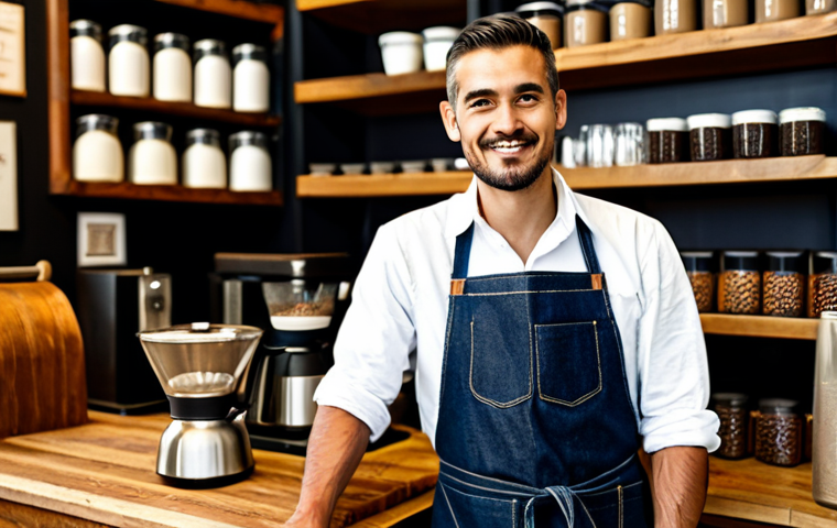 A male artisan, fully clothed in a modest, dark denim apron over a collared shirt, meticulously hand-grinding coffee beans in a warmly lit, rustic coffee shop. His expression is focused and sincere, conveying dedication to his craft. The background features blurred shelves of roasted coffee beans and a cozy atmosphere. professional dress, appropriate attire, safe for work, perfect anatomy, correct proportions, natural pose, well-formed hands, proper finger count, natural body proportions, professional photography, high quality, family-friendly.
