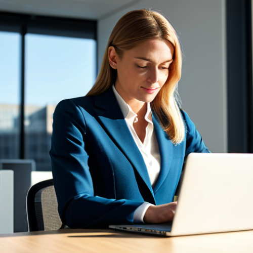 Home 24 **
A successful entrepreneur, fully clothed in professional attire (skirt suit), working on a laptop in a modern, sunlit office space, appropriate content, safe for work, perfect anatomy, natural proportions, professional photography, high quality.
**