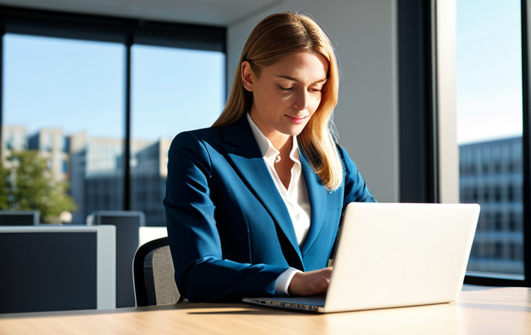 **

A successful entrepreneur, fully clothed in professional attire (skirt suit), working on a laptop in a modern, sunlit office space, appropriate content, safe for work, perfect anatomy, natural proportions, professional photography, high quality.

**