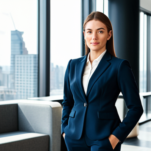 Home 23 **
A stylish and confident businesswoman, fully clothed in a tailored business suit, standing in a modern office lobby with large windows overlooking a bustling city street, appropriate attire, safe for work, perfect anatomy, natural proportions, professional corporate photography, high quality, bright and airy lighting, professional.
**