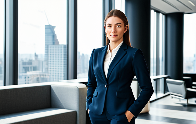 **

A stylish and confident businesswoman, fully clothed in a tailored business suit, standing in a modern office lobby with large windows overlooking a bustling city street, appropriate attire, safe for work, perfect anatomy, natural proportions, professional corporate photography, high quality, bright and airy lighting, professional.

**