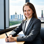 **

A successful businesswoman, fully clothed in a professional, dark-grey pantsuit with a crisp white blouse, sitting confidently at a large oak desk in a bright, modern office. Behind her, floor-to-ceiling windows showcase the Moscow skyline on a clear, sunny day.  She is holding a pen and looking directly at the camera with a slight, friendly smile.  Perfect anatomy, correct proportions, well-formed hands, proper finger count, natural pose, appropriate attire, safe for work, family-friendly, professional photography, high quality.

**