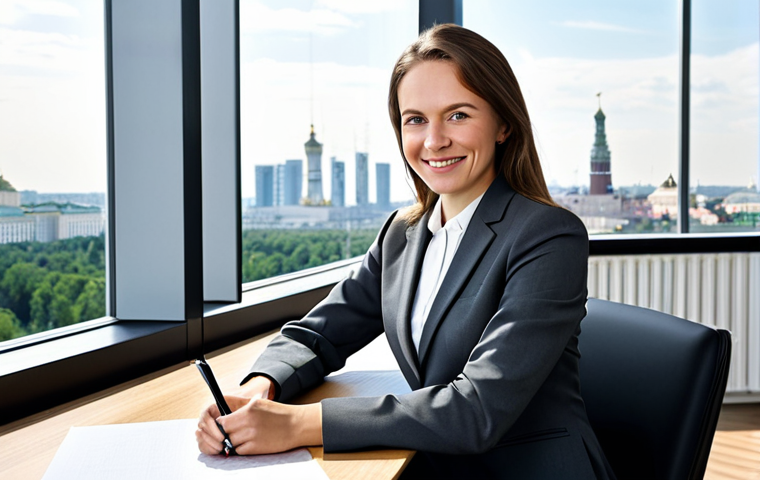 **

A successful businesswoman, fully clothed in a professional, dark-grey pantsuit with a crisp white blouse, sitting confidently at a large oak desk in a bright, modern office. Behind her, floor-to-ceiling windows showcase the Moscow skyline on a clear, sunny day.  She is holding a pen and looking directly at the camera with a slight, friendly smile.  Perfect anatomy, correct proportions, well-formed hands, proper finger count, natural pose, appropriate attire, safe for work, family-friendly, professional photography, high quality.

**