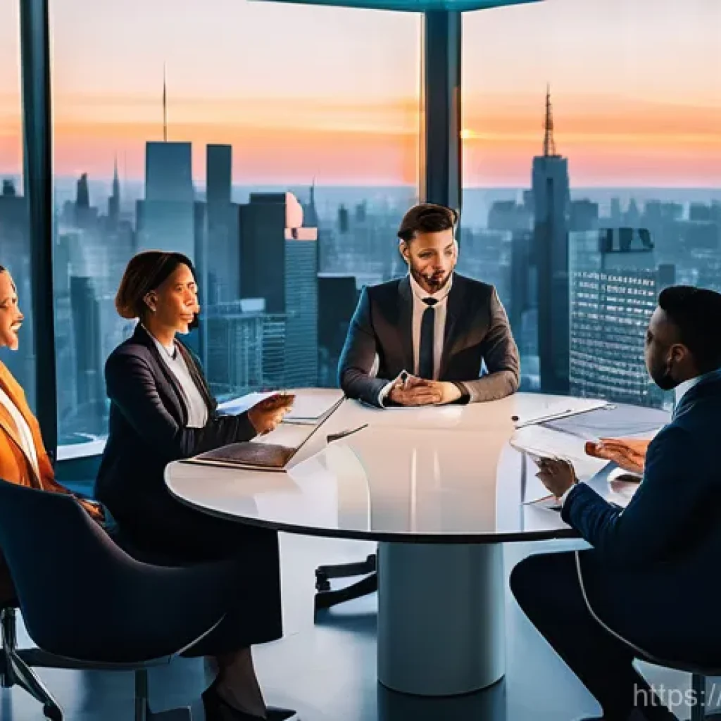 기업 가치 평가 - **Dynamic Business Success Meeting:** A group of five diverse business professionals, three women an...