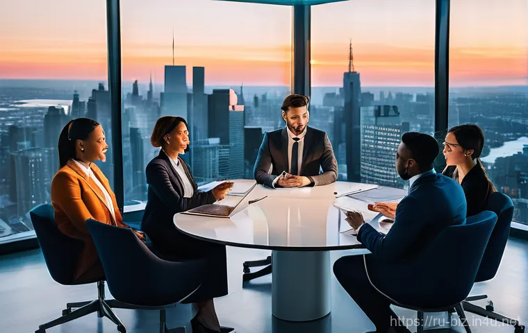 기업 가치 평가 - **Dynamic Business Success Meeting:** A group of five diverse business professionals, three women an...