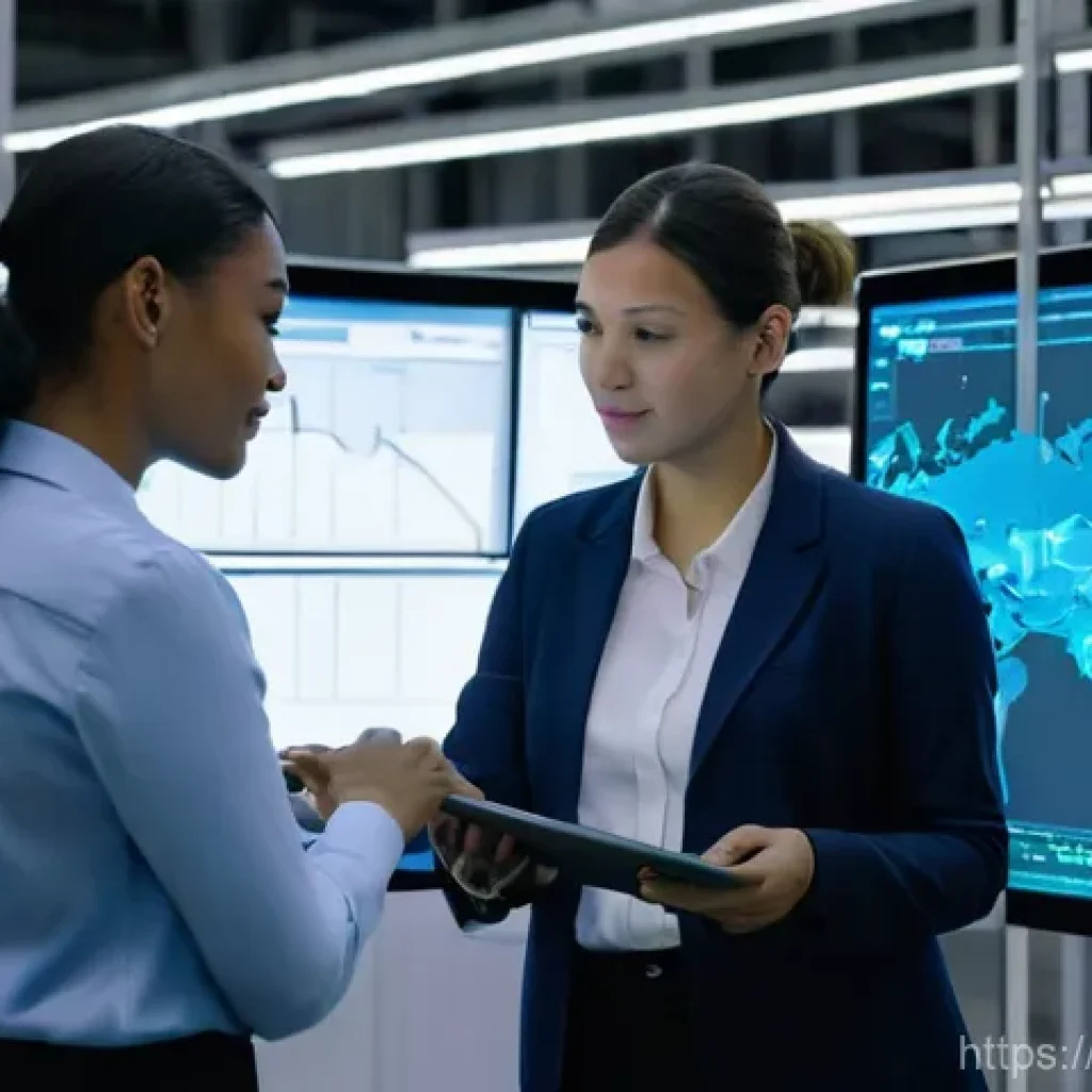 공급망 전략 - **Prompt:** A dynamic, high-tech logistics control center. A diverse team of four professionals (two...