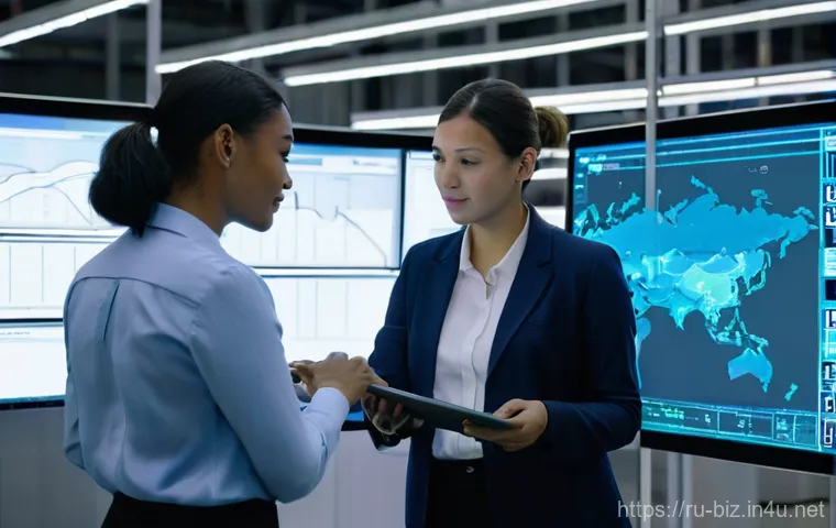 공급망 전략 - **Prompt:** A dynamic, high-tech logistics control center. A diverse team of four professionals (two...