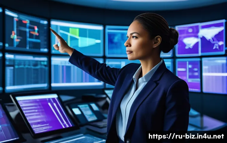 4차 산업혁명과 경영 - **Prompt:** A dynamic, wide-shot image depicting a diverse team of professionals in a high-tech, fut...