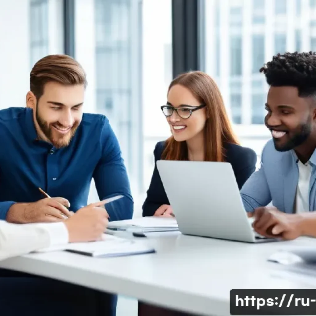 조직 관리 이론 - A modern office scene showing a diverse team of professionals engaged in a collaborative brainstormi...