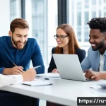 조직 관리 이론 - A modern office scene showing a diverse team of professionals engaged in a collaborative brainstormi...