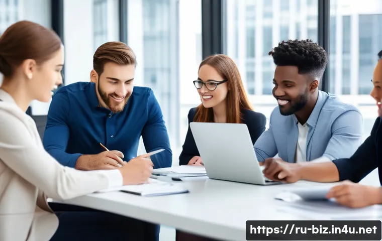 조직 관리 이론 - A modern office scene showing a diverse team of professionals engaged in a collaborative brainstormi...