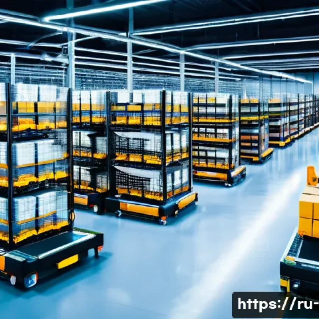 유통 전략 - A modern logistics warehouse interior showcasing automated sorting and packaging systems with roboti...