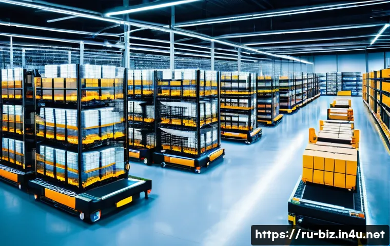 유통 전략 - A modern logistics warehouse interior showcasing automated sorting and packaging systems with roboti...