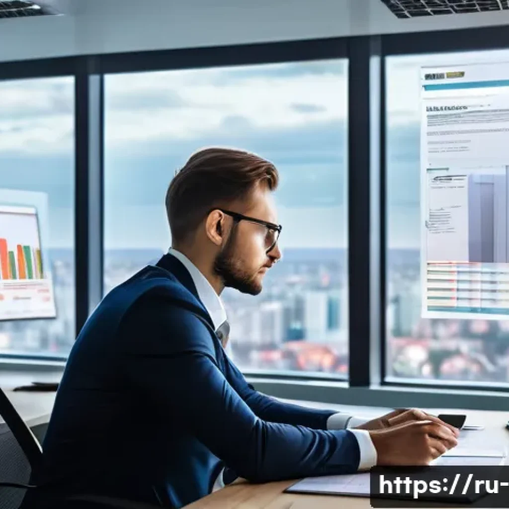 배당 정책 - A professional Russian investor in a modern office environment, analyzing detailed financial reports...