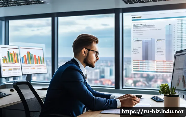 배당 정책 - A professional Russian investor in a modern office environment, analyzing detailed financial reports...