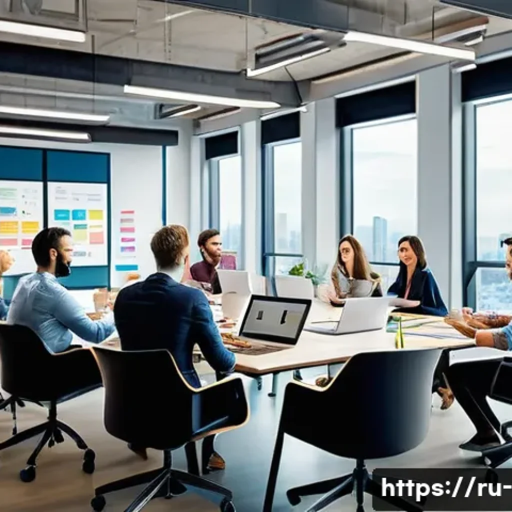 창업과 혁신 - A modern, dynamic business team in a bright, spacious office environment, collaborating energeticall...