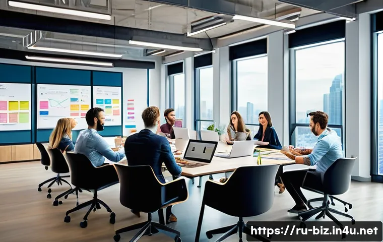 창업과 혁신 - A modern, dynamic business team in a bright, spacious office environment, collaborating energeticall...