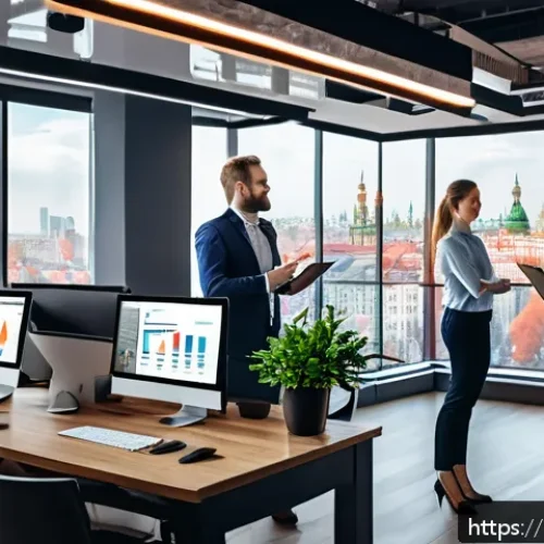 Home 33 보상 및 복리후생 - A modern Russian office environment with diverse employees collaborating happily; a manager recogniz...