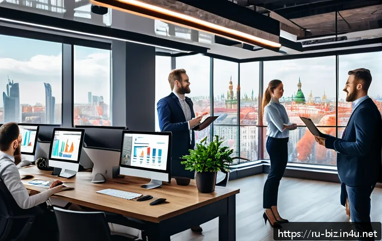 보상 및 복리후생 - A modern Russian office environment with diverse employees collaborating happily; a manager recogniz...