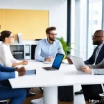 Home 20 인사 관리 - A diverse team of professionals gathered around a modern conference table in a bright office, engage...