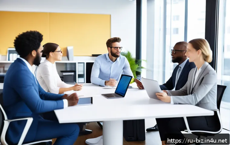 인사 관리 - A diverse team of professionals gathered around a modern conference table in a bright office, engage...