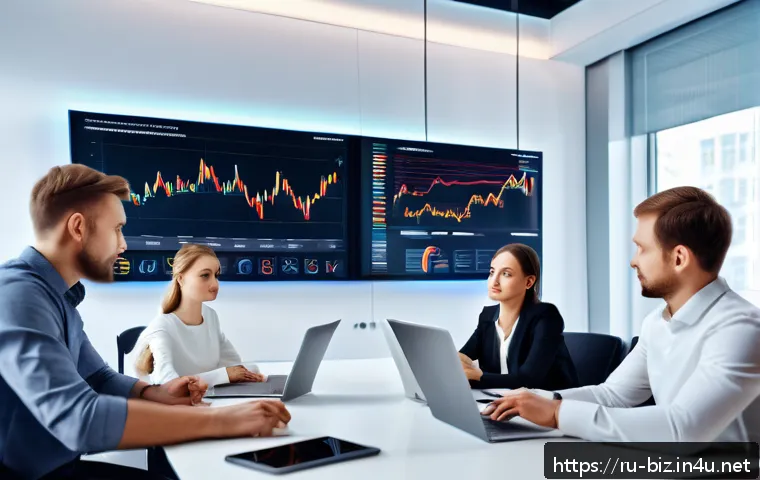 전략 경영 - A modern Russian business office environment with a diverse team of professionals collaborating arou...