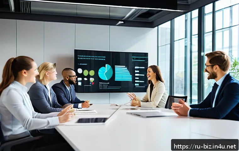조직 문화 - A modern corporate office scene showing a diverse team engaged in a transparent communication meetin...