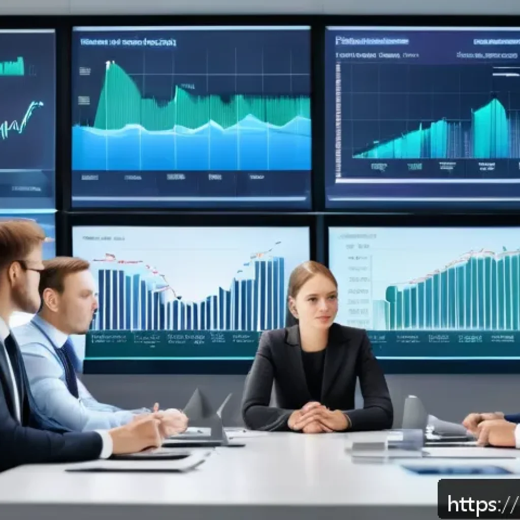 기업 경제학 - A modern office scene showing a diverse group of business professionals analyzing market data on mul...