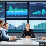 Home 23 기업 경제학 - A modern office scene showing a diverse group of business professionals analyzing market data on mul...