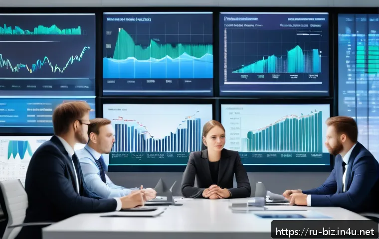 기업 경제학 - A modern office scene showing a diverse group of business professionals analyzing market data on mul...