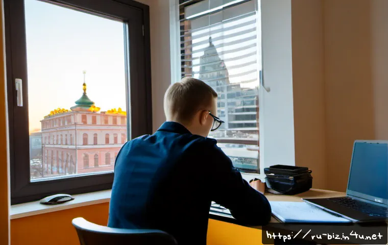 경영학 온라인 학습 - Photorealistic scene of a Russian university student studying business management through an online ...