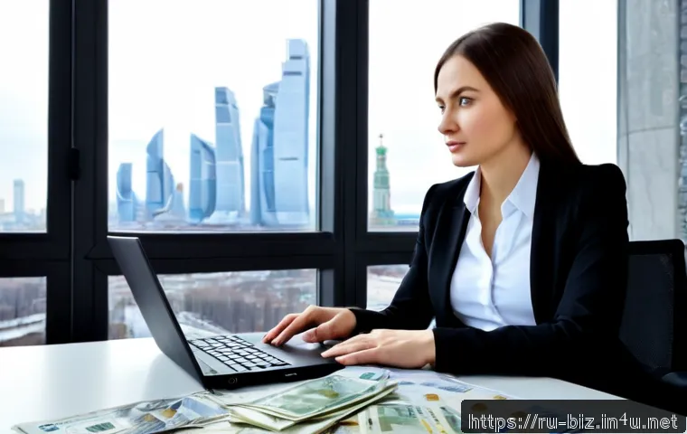 위험 관리 - Photorealistic risk management scene in a modern Moscow office, confident Russian businesswoman in s...