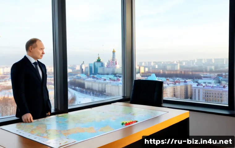 Home 17 사업 확장 전략 - Photorealistic business expansion planning scene in a modern Moscow office, confident Russian entrep...